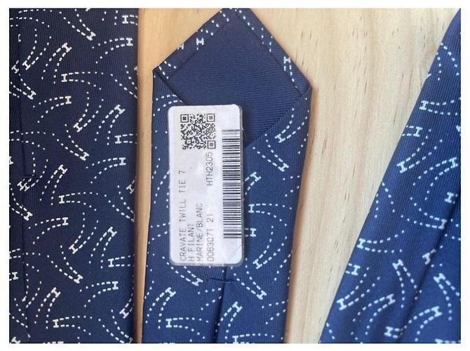 Hermès Navy Blue Silk Tie with White Print - view 5