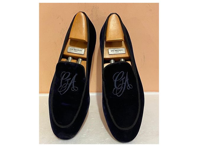 Mocassins Giorgio Armani en velours bleu monogramme - vue 2