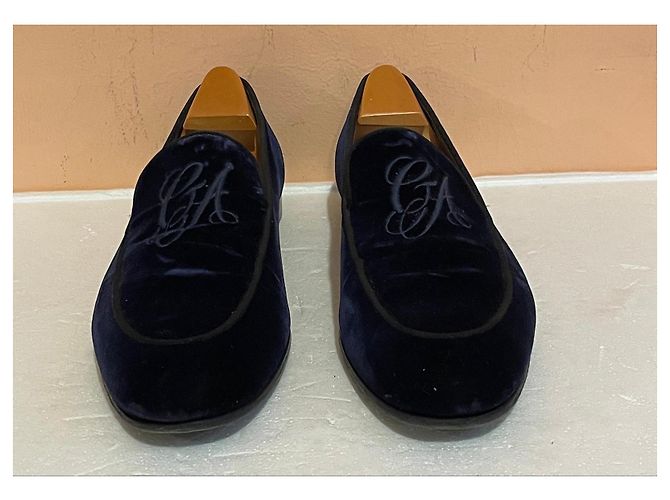 Mocassins Giorgio Armani en velours bleu monogramme - vue 5