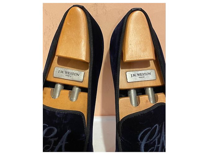 Mocassins Giorgio Armani en velours bleu monogramme - vue 8