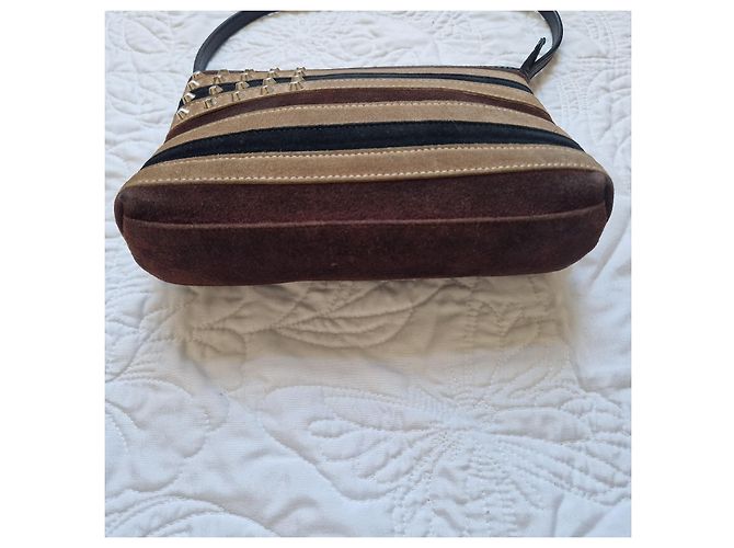 Burberry Borsa a tracolla in camoscio a righe con borchie Marrone Nero Beige - vista 3