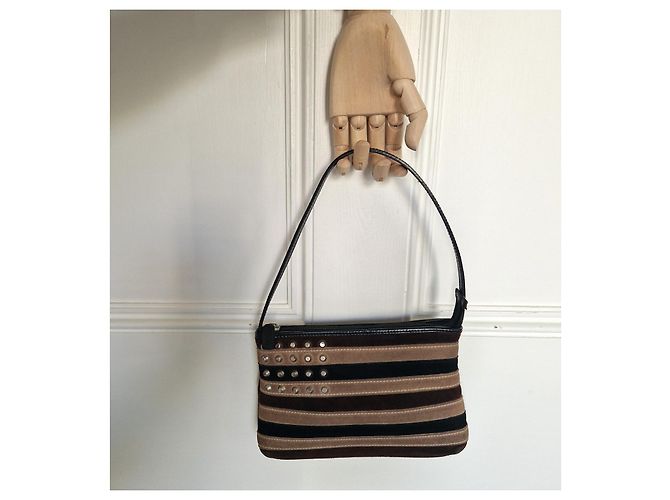 Burberry Borsa a tracolla in camoscio a righe con borchie Marrone Nero Beige - vista 5