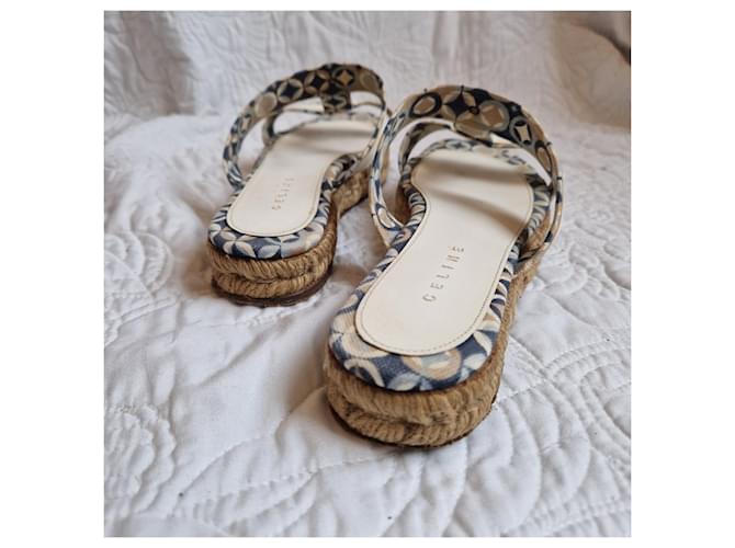 Céline Celine Sandali wedge espadrillas Bianco Blu Beige - vista 5