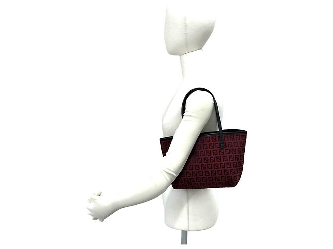 Fendi Vintage Zucchino FF Pattern Canvas Leder Tote Bag Schwarz Rot - Ansicht 2