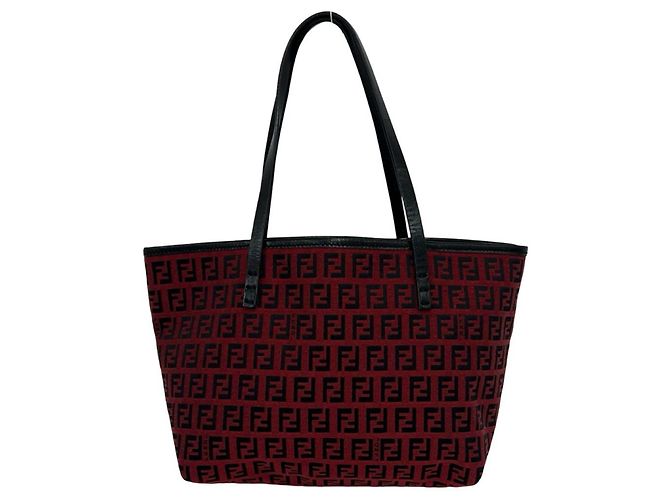 Fendi Vintage Zucchino FF Pattern Canvas Leder Tote Bag Schwarz Rot - Ansicht 3