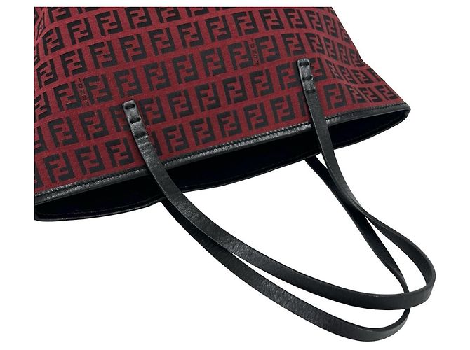 Fendi Vintage Zucchino FF Pattern Canvas Leder Tote Bag Schwarz Rot - Ansicht 4