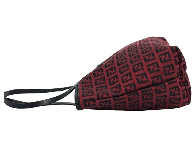 Fendi Vintage Zucchino FF Pattern Canvas Leder Tote Bag Schwarz Rot - Ansicht 5