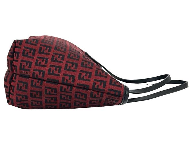 Fendi Vintage Zucchino FF Pattern Canvas Leder Tote Bag Schwarz Rot - Ansicht 6