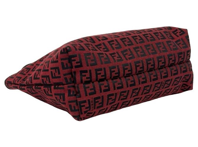 Fendi Vintage Zucchino FF Pattern Canvas Leder Tote Bag Schwarz Rot - Ansicht 7