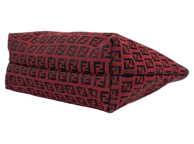 Fendi Vintage Zucchino FF Pattern Canvas Leder Tote Bag Schwarz Rot - Ansicht 8