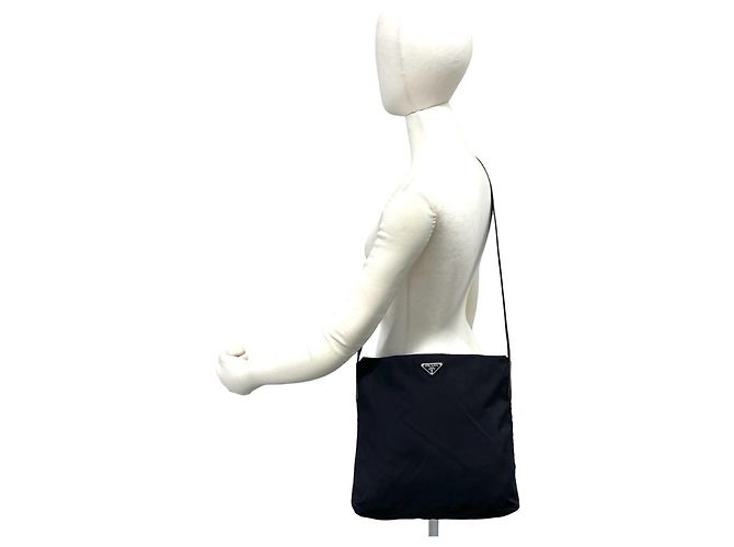 Bolsa de ombro Prada em nylon Tessuto e couro com placa de logo triângulo Preto - vista 2