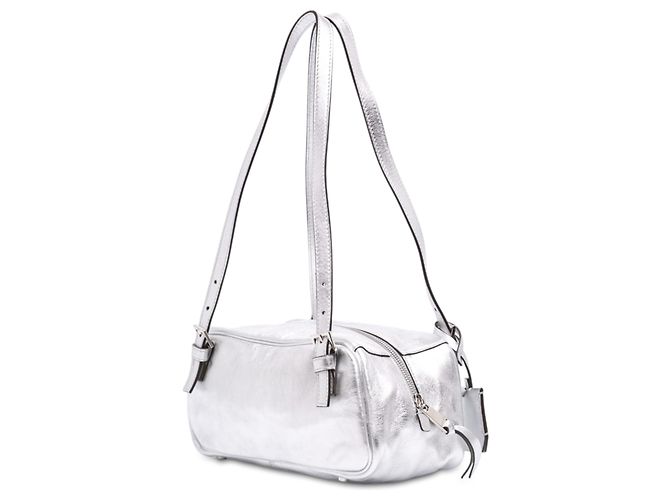 Borsa Bowling Versace in pelle metallizzata argento con etichetta - vista 2