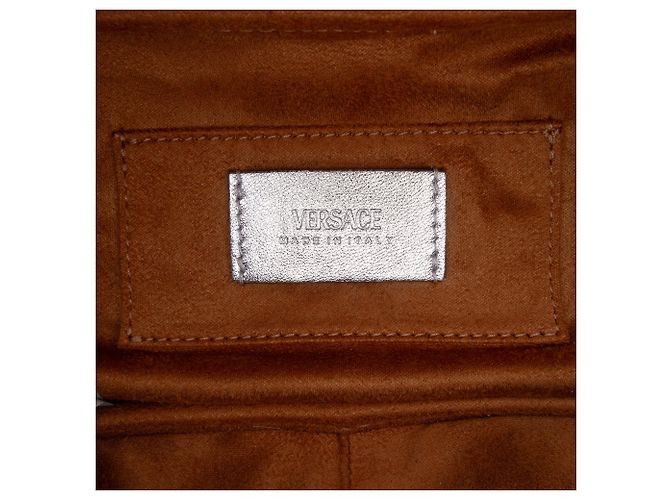 Borsa Bowling Versace in pelle metallizzata argento con etichetta - vista 5