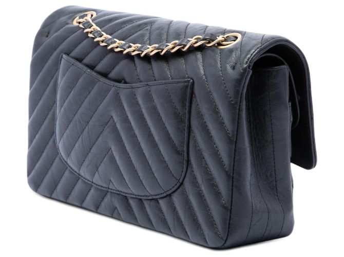 Chanel Black Medium Classic Chevron Crumpled Calfskin Double Flap Nero - vista 2
