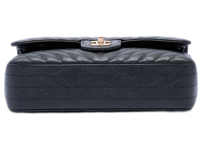 Chanel Black Medium Classic Chevron Crumpled Calfskin Double Flap Nero - vista 3
