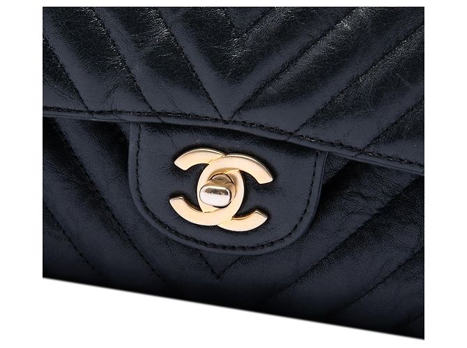 Chanel Black Medium Classic Chevron Crumpled Calfskin Double Flap Nero - vista 5