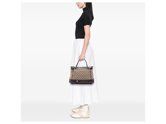 Borsa Mayfair Satchel Gucci in tela GG beige con banda Web - vista 7