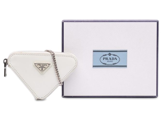 Pouch Mini Prada in pelle spazzolata bianca con catena e triangolo Bianco - vista 7