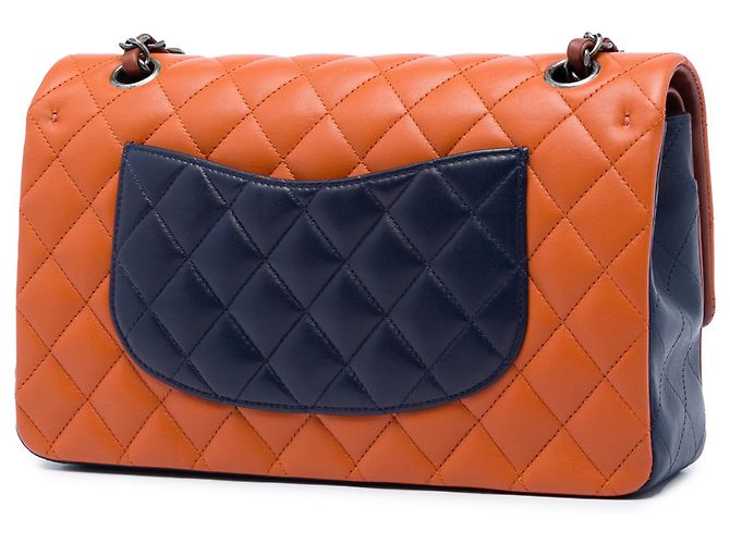 Chanel Orange Medium Classic Tricolor Lambskin Double Flap Arancione - vista 2