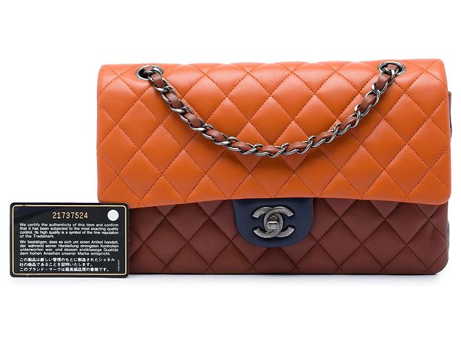 Chanel Orange Medium Classic Tricolor Lambskin Double Flap Arancione - vista 6