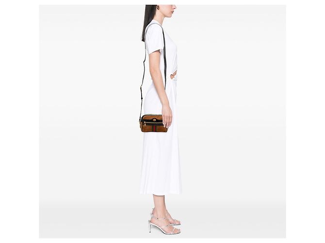 Gucci Mini Borsa a Tracolla Ophidia in Suede Marrone con Web - vista 6