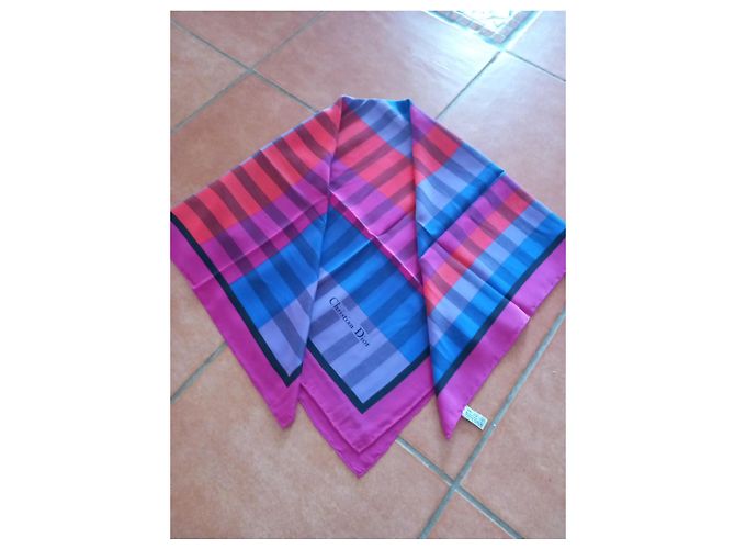 Foulard in seta a scacchi Christian Dior Rosa Rosso Blu Porpora - vista 3