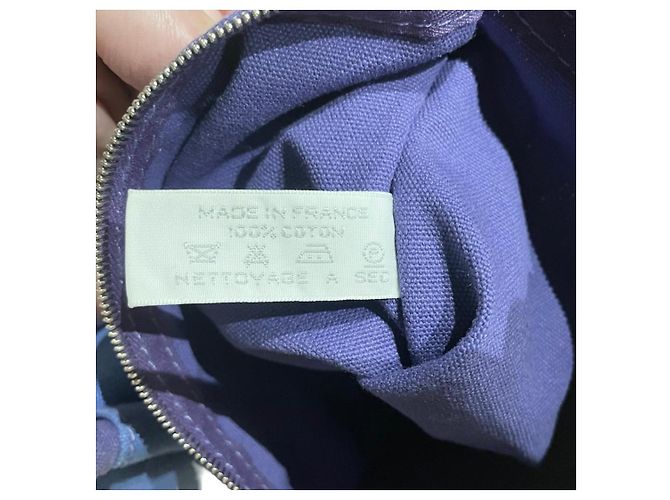 Hermès Lindy Beach Saco Cabas em Lona Azul e Couro Roxo - vista 14