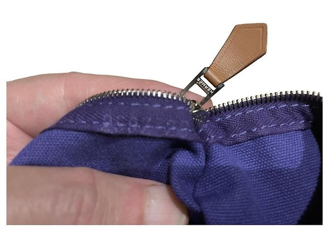 Hermès Lindy Beach Saco Cabas em Lona Azul e Couro Roxo - vista 15