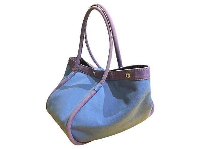 Hermès Lindy Beach Saco Cabas em Lona Azul e Couro Roxo - vista 16