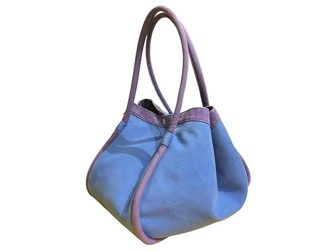 Hermès Lindy Beach Saco Cabas em Lona Azul e Couro Roxo - vista 17