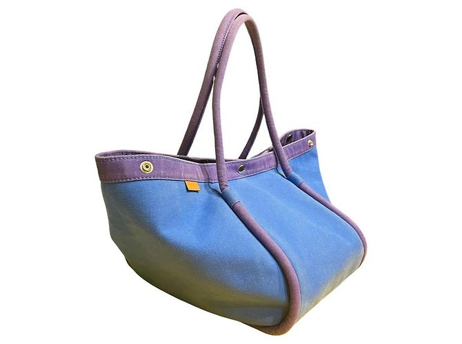 Hermès Lindy Beach Saco Cabas em Lona Azul e Couro Roxo - vista 3