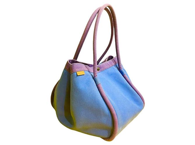 Hermès Lindy Beach Saco Cabas em Lona Azul e Couro Roxo - vista 4
