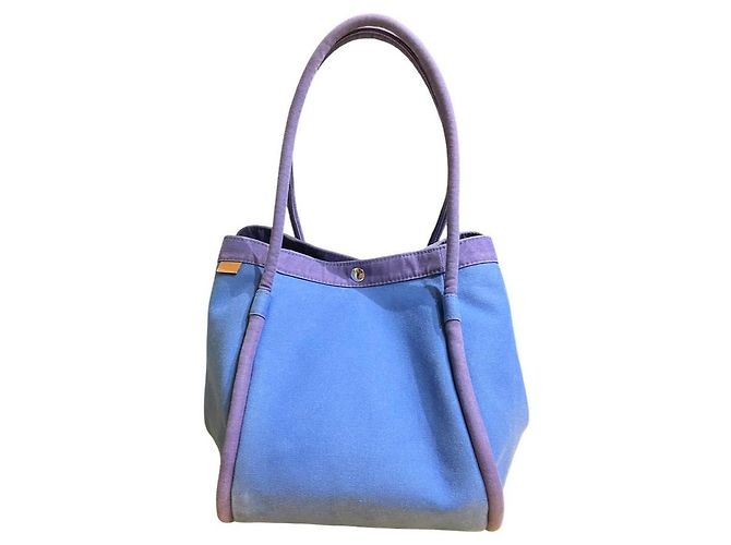 Hermès Lindy Beach Saco Cabas em Lona Azul e Couro Roxo - vista 5