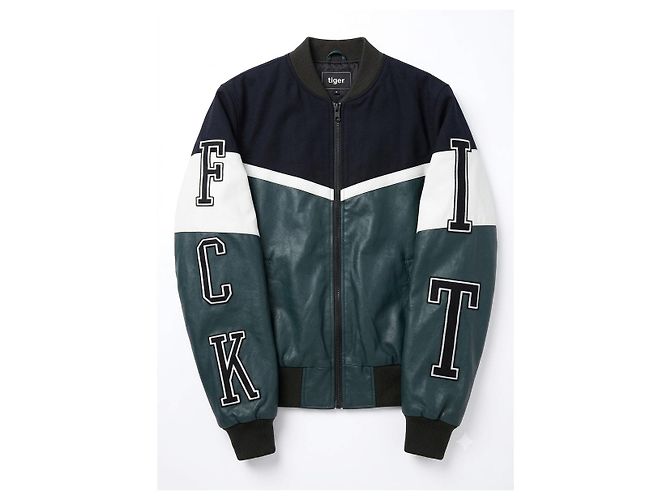 Autre Marque Giacca Bomber Varsity Tigha Lana e Pelle Nero Bianco Verde scuro - vista 11
