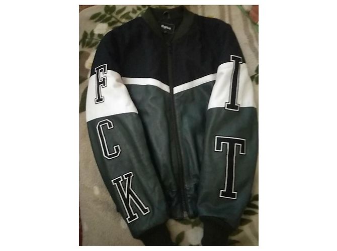 Autre Marque Giacca Bomber Varsity Tigha Lana e Pelle Nero Bianco Verde scuro - vista 8