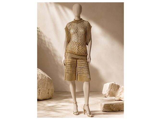 Set Top in maglia traforata dorata e Bermuda Balmain FR 36 Usato - vista 9