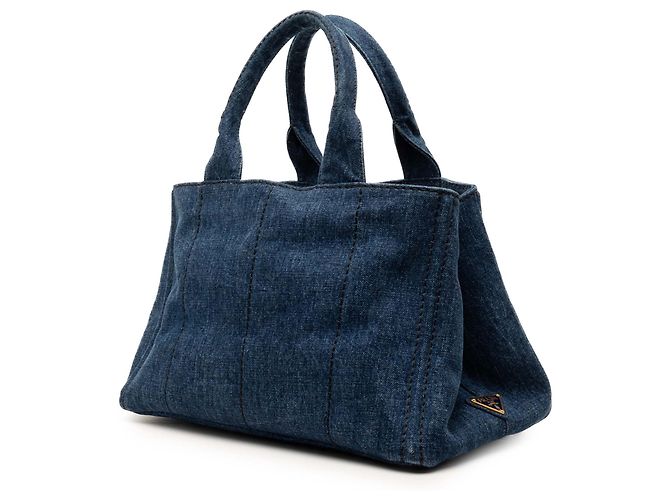 Borsa Tote Prada in Denim Blu Canapa Logo - vista 2