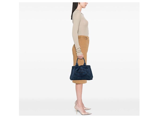 Borsa Tote Prada in Denim Blu Canapa Logo - vista 6