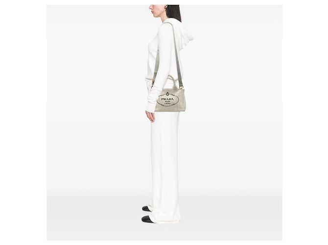Prada Small Denim Canapa Logo Tote Grau Braun - Ansicht 6