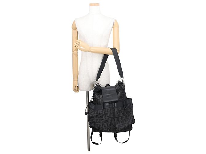 Fendi FF Jacquard Leder-Rucksack mit Kordzug Schwarz - Ansicht 4