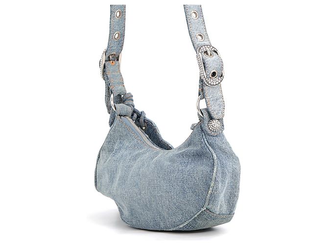 Borsa a spalla Balenciaga Le Cagole XS in denim distressed Blu - vista 2