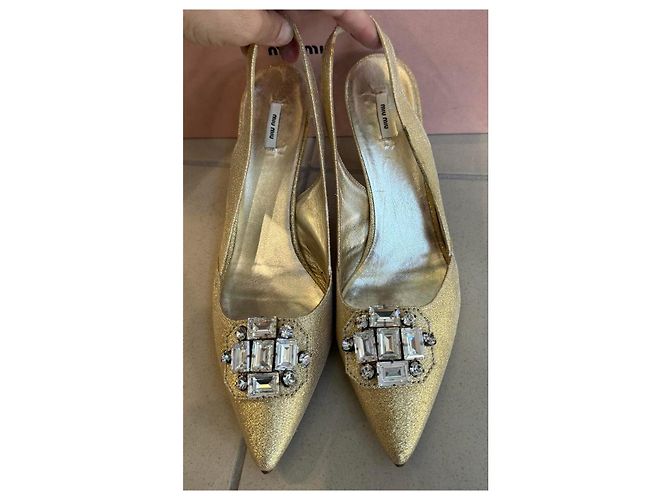 Décolleté Slingback Miu Miu glitterate e decorate Gold D'oro - vista 7
