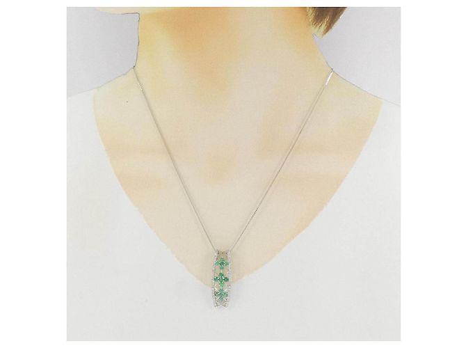 Autre Marque Collana in PT900 con smeraldo e diamante Verde - vista 6