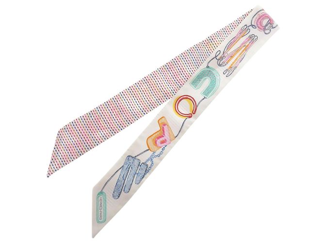 Hermès Hermes Twilly Chevalo Scope Neon Schal Pink Weiß Mehrfarben - Ansicht 2