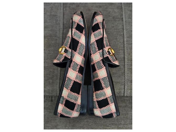 Mocassini a scacchi Gucci Horsebit Nero Rosa Bianco - vista 13