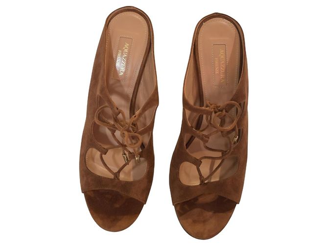 Mules con tacco a spillo e lacci in camoscio marrone Cognac AQUAZZURA EU 40.5 - vista 12