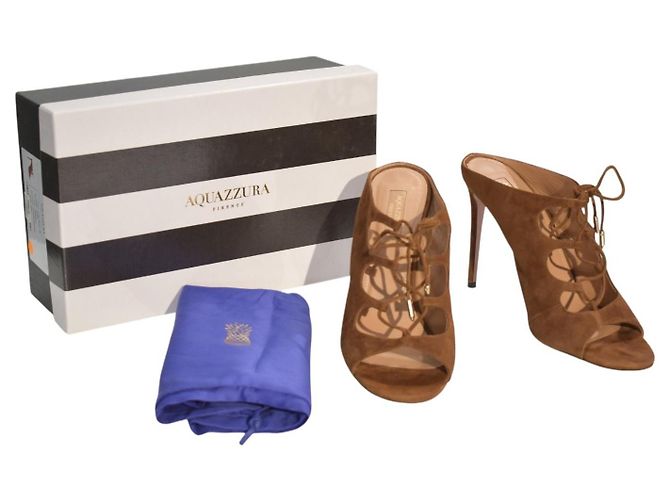 Mules con tacco a spillo e lacci in camoscio marrone Cognac AQUAZZURA EU 40.5 - vista 2
