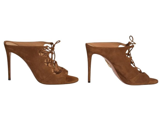 Mules con tacco a spillo e lacci in camoscio marrone Cognac AQUAZZURA EU 40.5 - vista 5