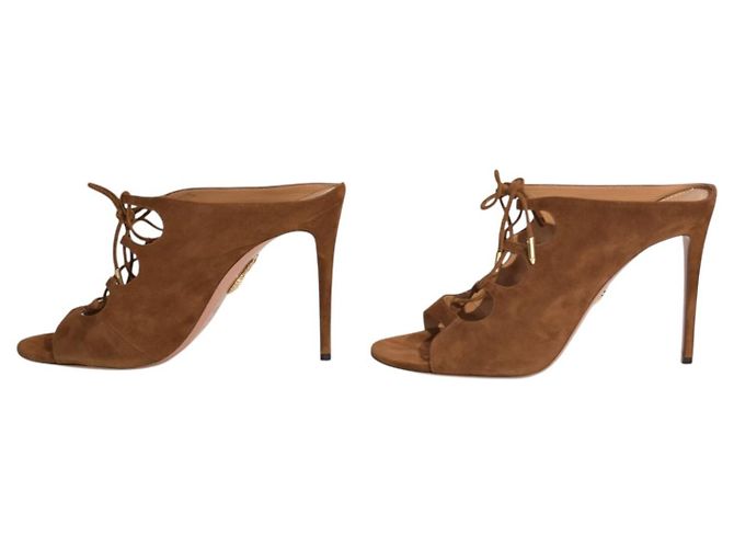 Mules con tacco a spillo e lacci in camoscio marrone Cognac AQUAZZURA EU 40.5 - vista 6