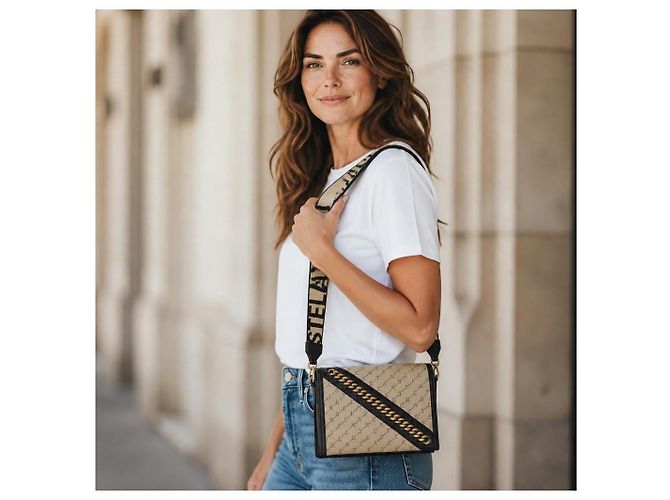 Stella Mc Cartney Borsa a tracolla Falabella con patta e catena in tela monogram STELLA MCCARTNEY Nero Beige - vista 3
